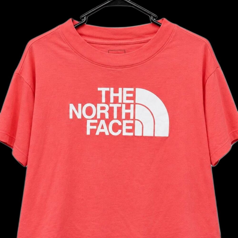 The North Face Women's Coral Pink Cropped Boxy Logo T-Shirt. Size Large